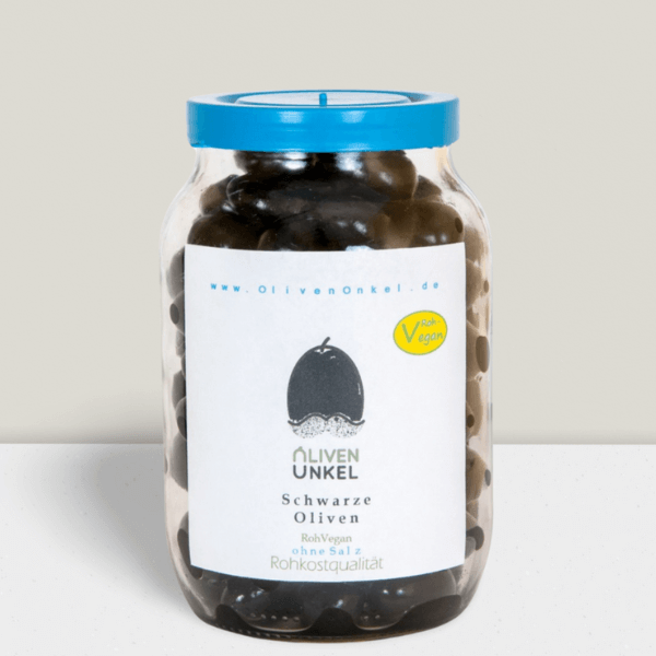 Schwarze Oliven ohne Salz im Glas